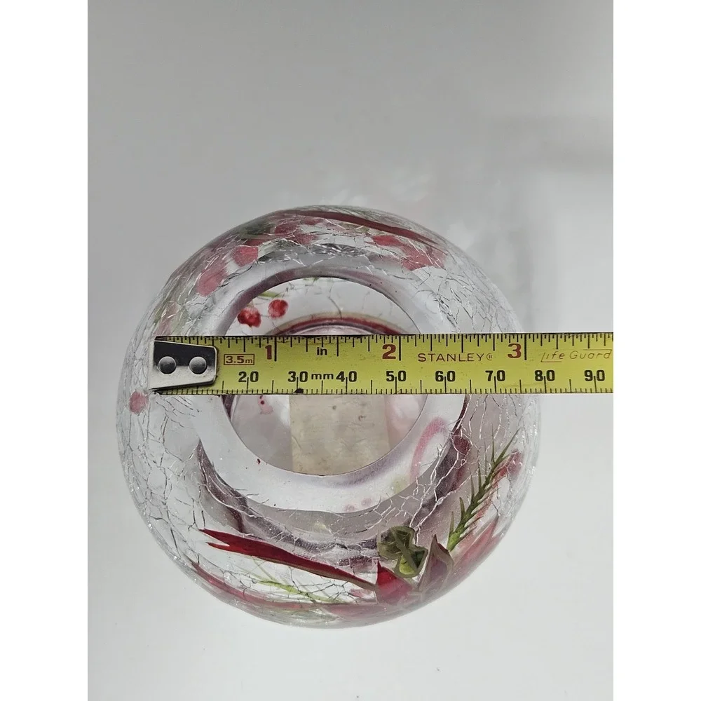 Crystal Clear Christmas Poinsettia Hand Painted Crackle Glass Votive Holder Vtg